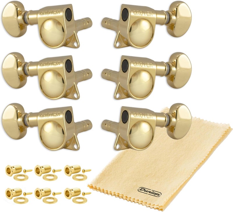 Tonebird Grover 406G Locking Rotomatics Guitar Tuners, Tuning Machines Set 3+3 18:1 Gold Mid-Size Tuning Keys with Dunlop Polish Cloth Bundle Tuner Heads with Small Kidney Button - Image 1